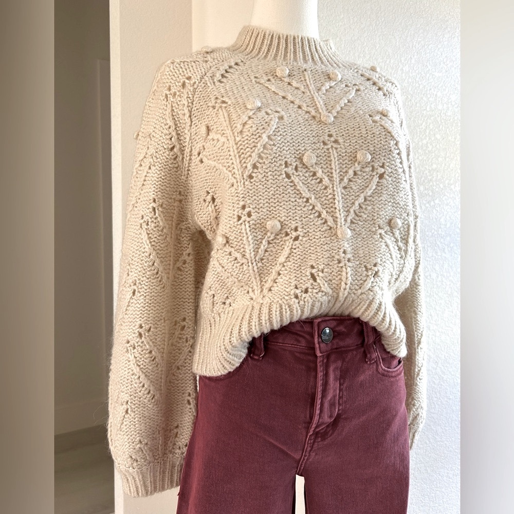 Silverflint Off White Neutral Open Knit Alpaca Wool Mock Neck Sweater Womens XS